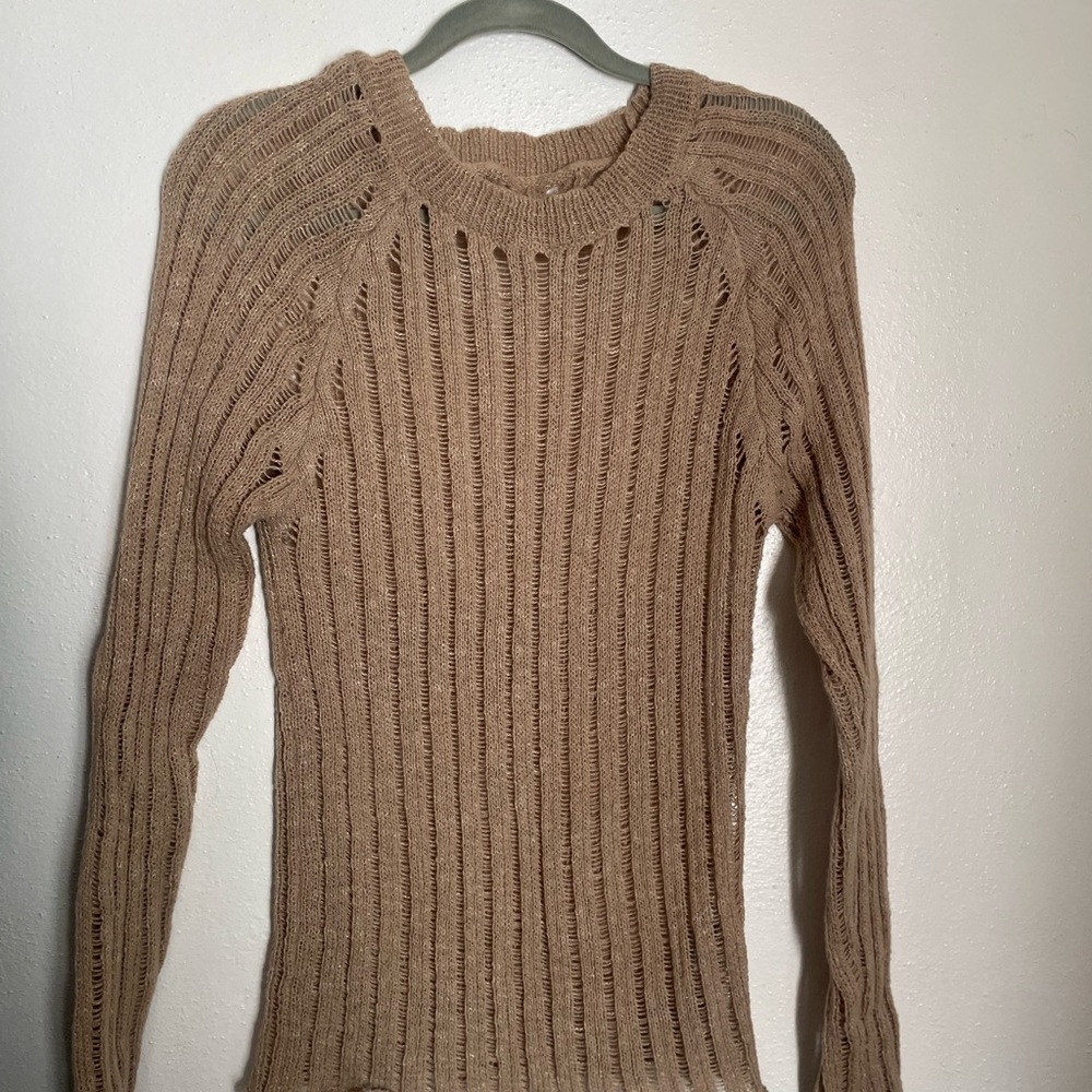 SHEIN Tan Crew Neck Sweater with Ribbed Knit